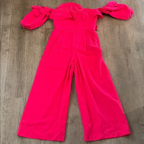 Hot Pink Off Shoulder Jumpsuit Ruffle Wide Leg Chic , crop - Picture 10 of 11
